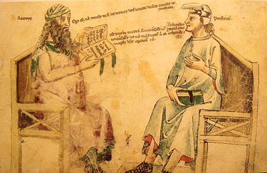Averroes depicted here with Porphyry, the author of the Isagoge, the subject of a middle and short commentary by Averroes. commentary